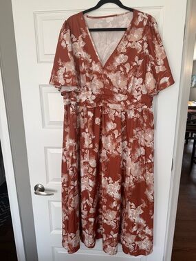 SHEIN Rust and Cream Floral Wrap Midi Dress never worn